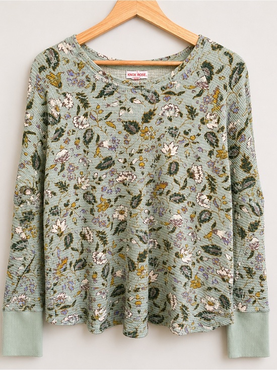 Knox Rose Tops - Knox Rose Sage Boho Floral Waffle-Knit Long Sleeve Top XXL